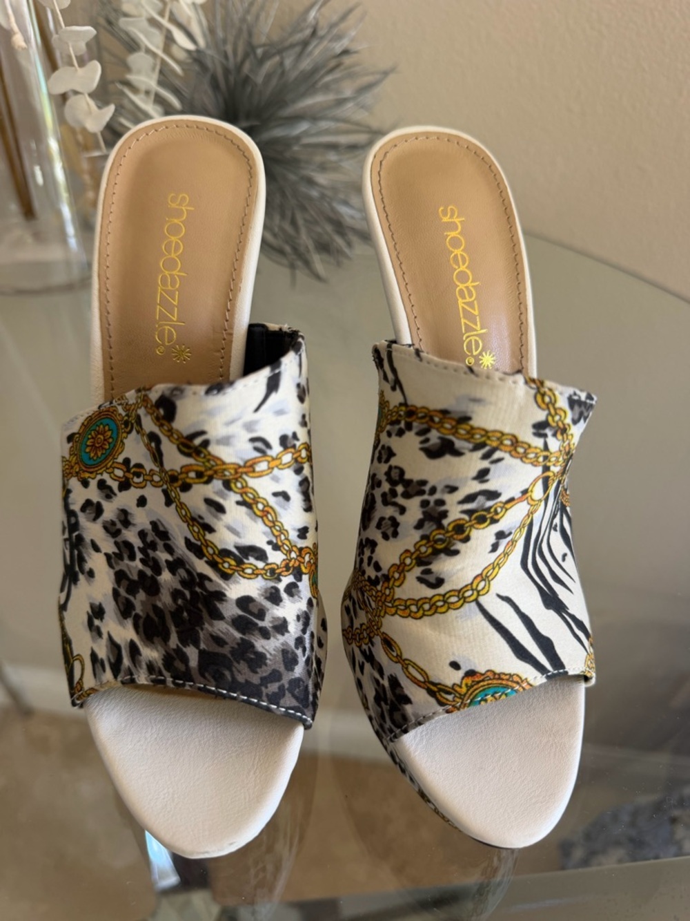 High Heel Platform Mules in White Leopard Chain Print - Picture 5 of 6